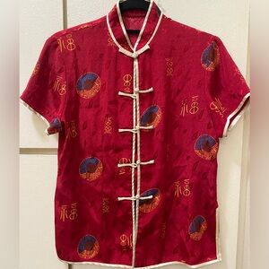 S/M Red & Gold Traditional Oriental Patterned Band Collared Knot Button Up Shirt